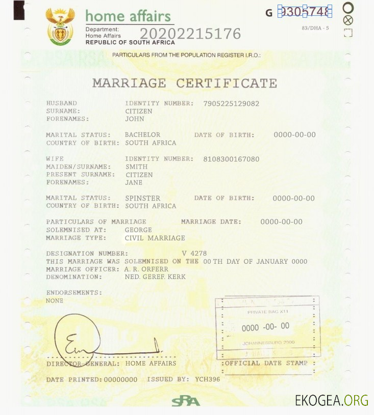 Modèle de certificat de mariage en Afrique du Sud au format PSD